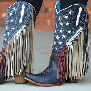 CORRAL Navy Blue Lamb Stars Inlay Studs and Fringe Boots Size 7M OBO